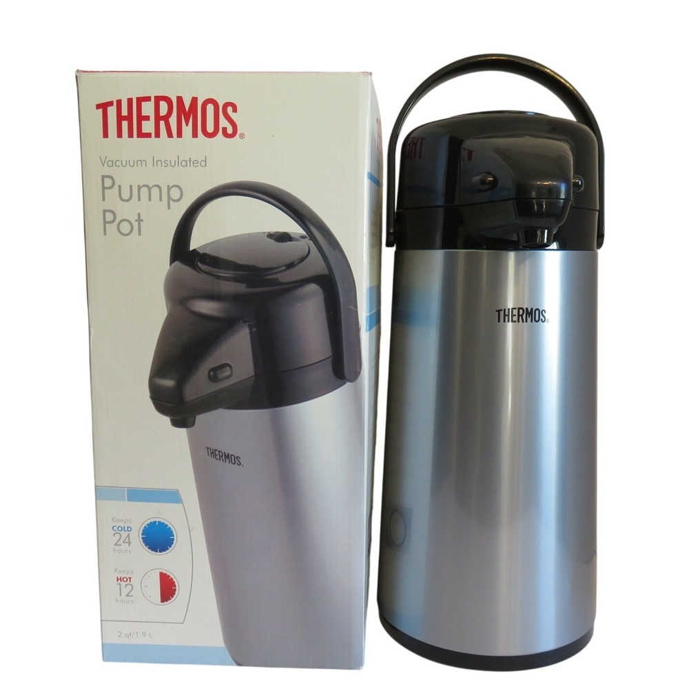 Thermos Vacuum Insulated Pump Pot 2qt 1.9L Silver Black Glass Liner Swivel Base